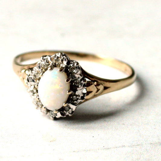 Vintage 9ct Gold Opal Diamond Halo Ring
