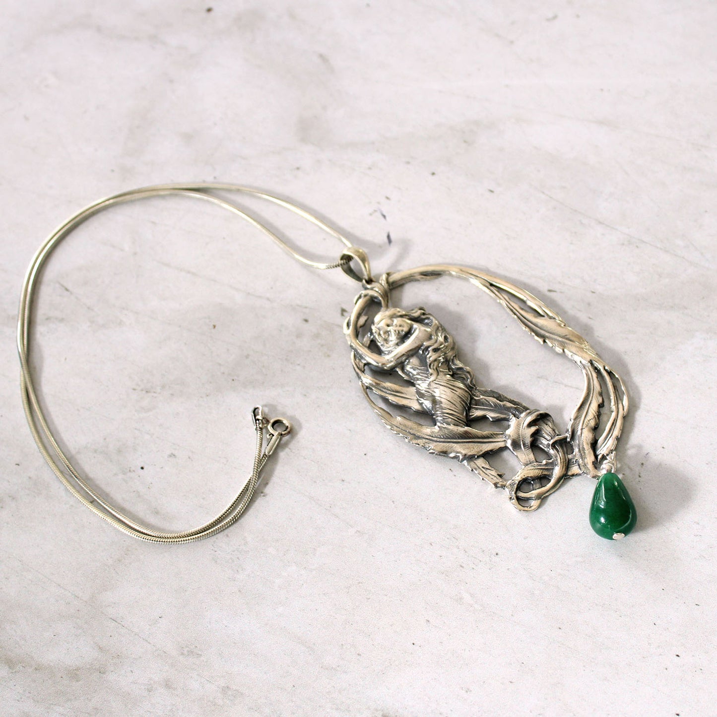 Vintage Art Nouveau style Sterling Silver Lady Pendant with Jade Drop