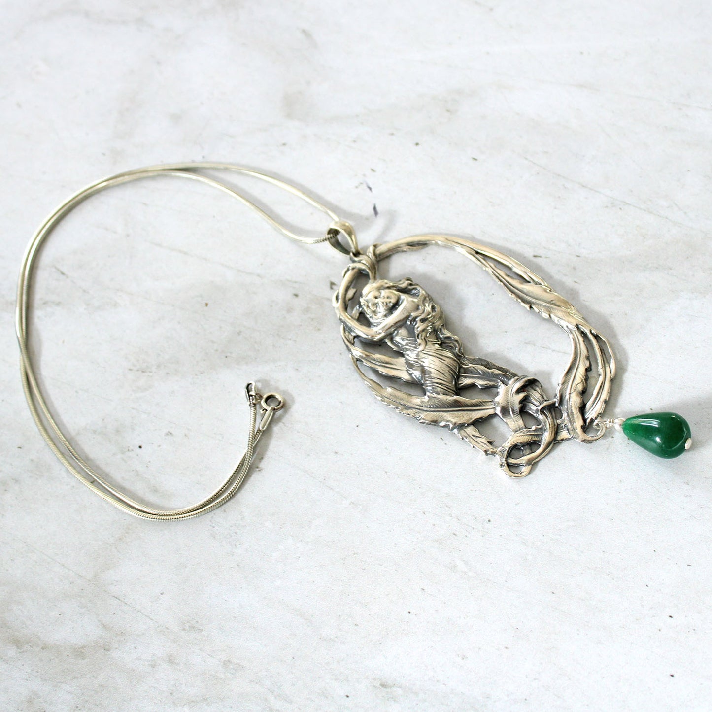 Vintage Art Nouveau style Sterling Silver Lady Pendant with Jade Drop