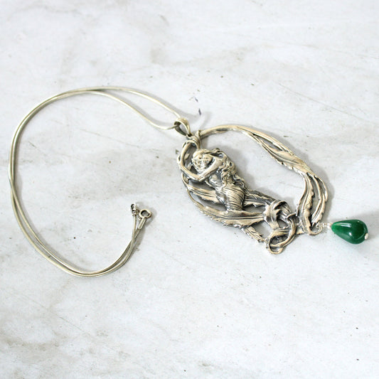Vintage Art Nouveau style Sterling Silver Lady Pendant with Jade Drop