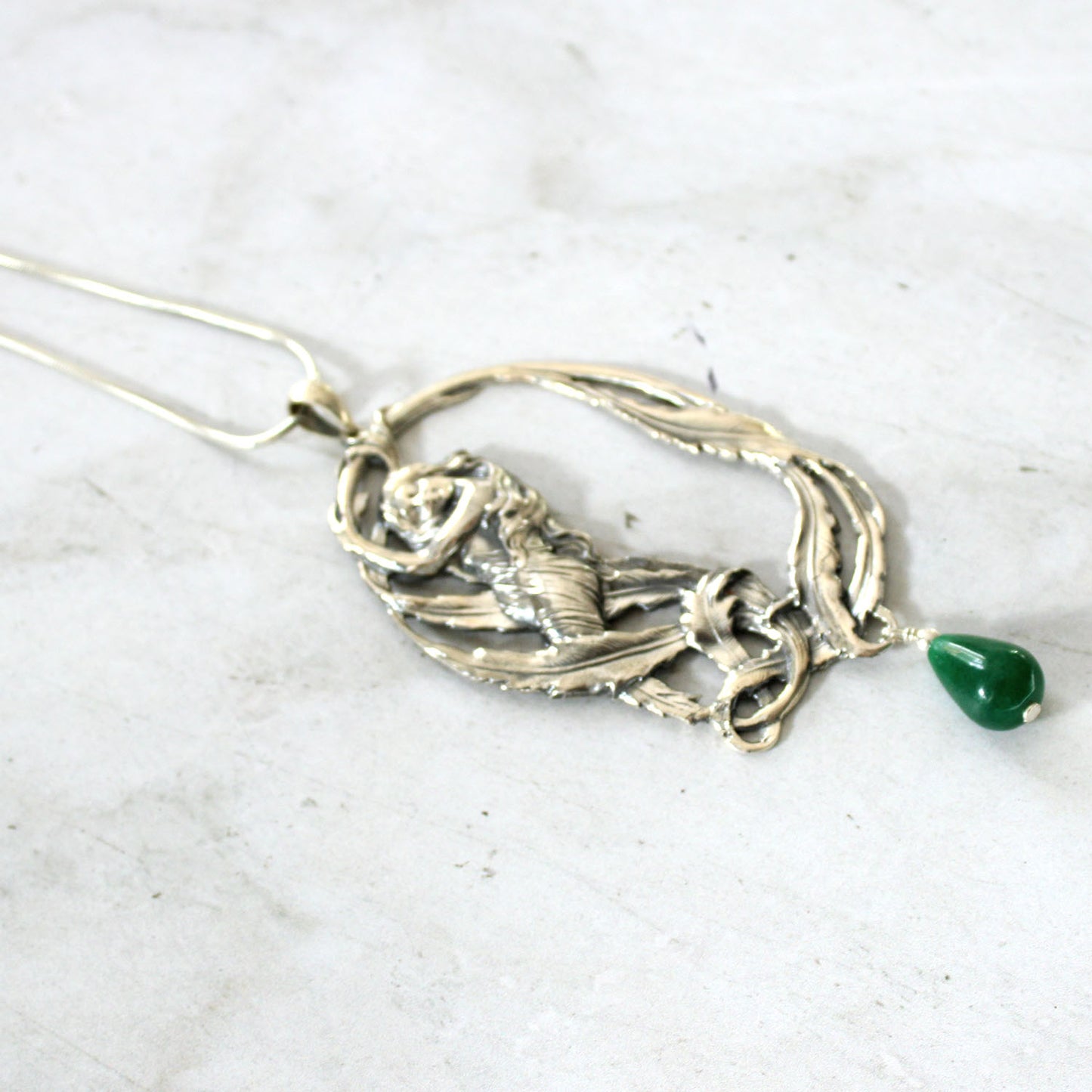 Vintage Art Nouveau style Sterling Silver Lady Pendant with Jade Drop