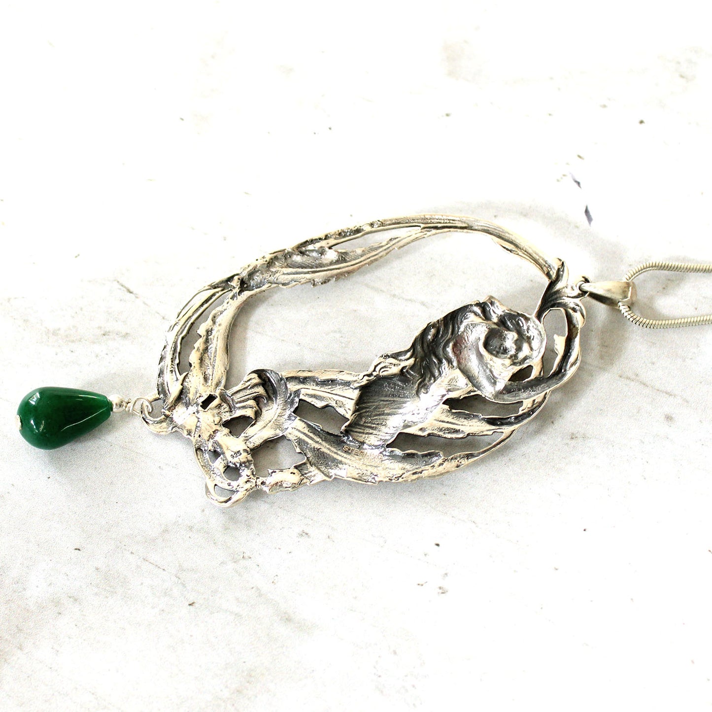 Vintage Art Nouveau style Sterling Silver Lady Pendant with Jade Drop