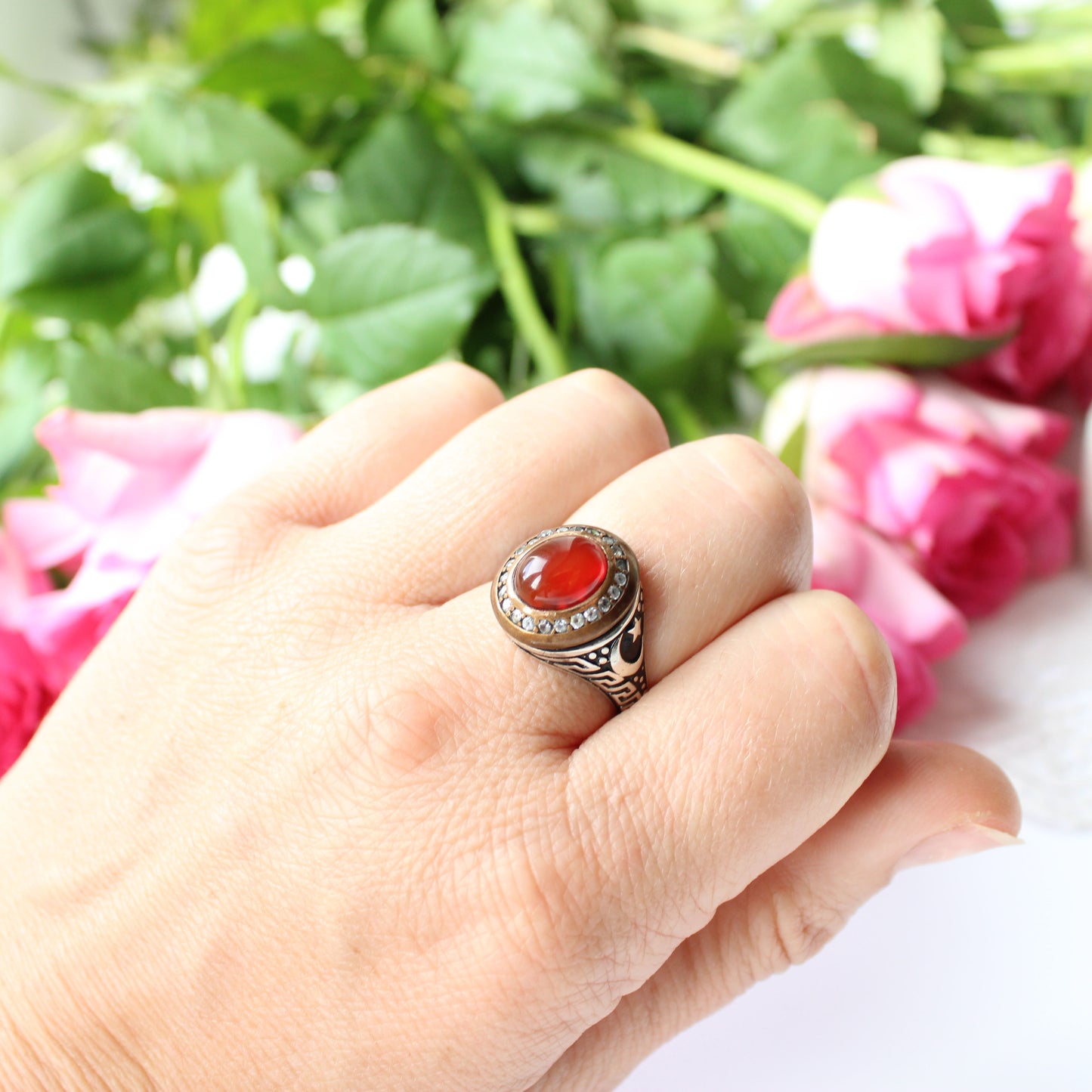 Unique Sterling Silver Carnelian Celestial Ring