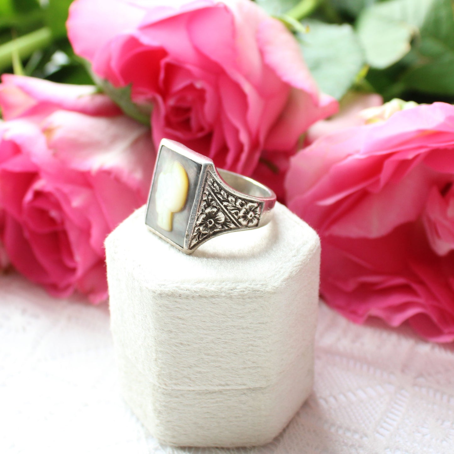 Chunky Sterling Silver Shell Cameo Signet Ring