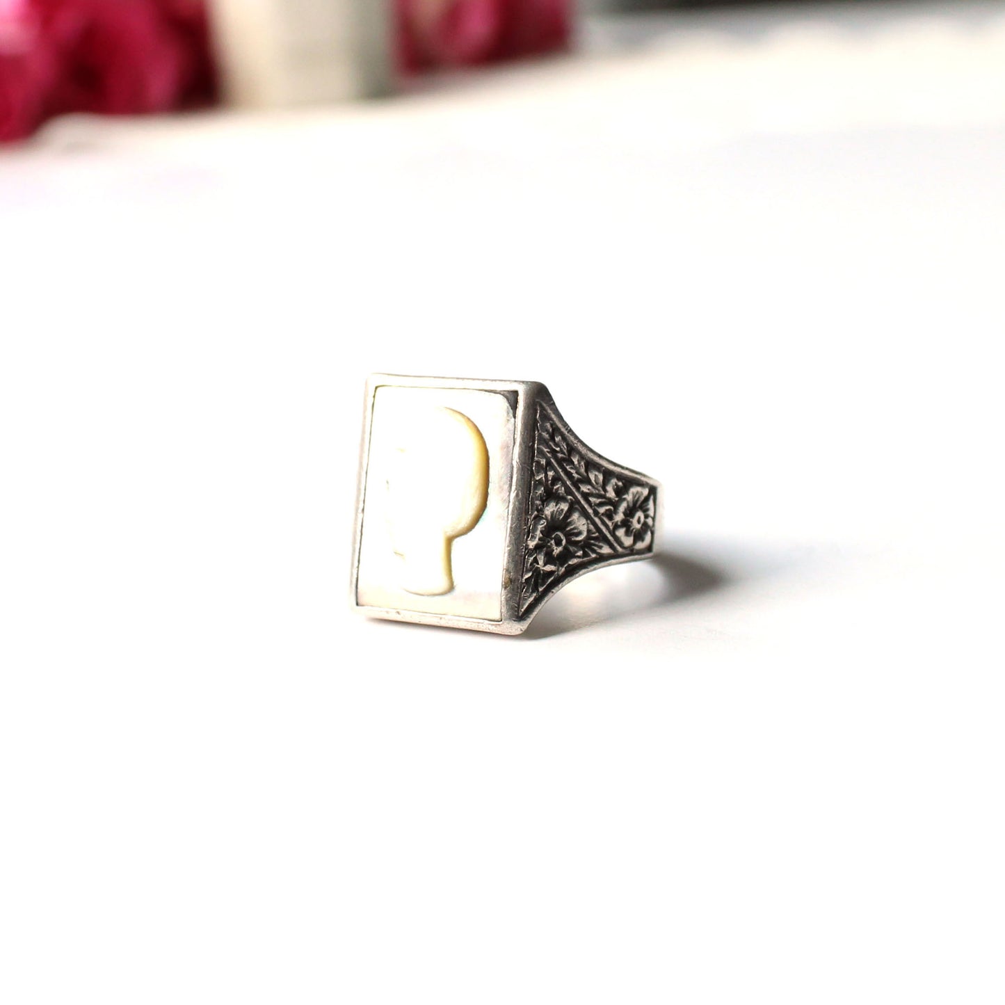 Chunky Sterling Silver Shell Cameo Signet Ring