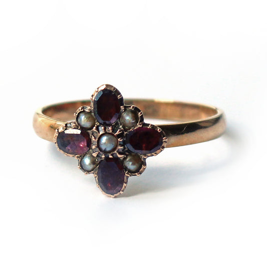 Georgian 9ct Almandine Garnet & Pearl Ring