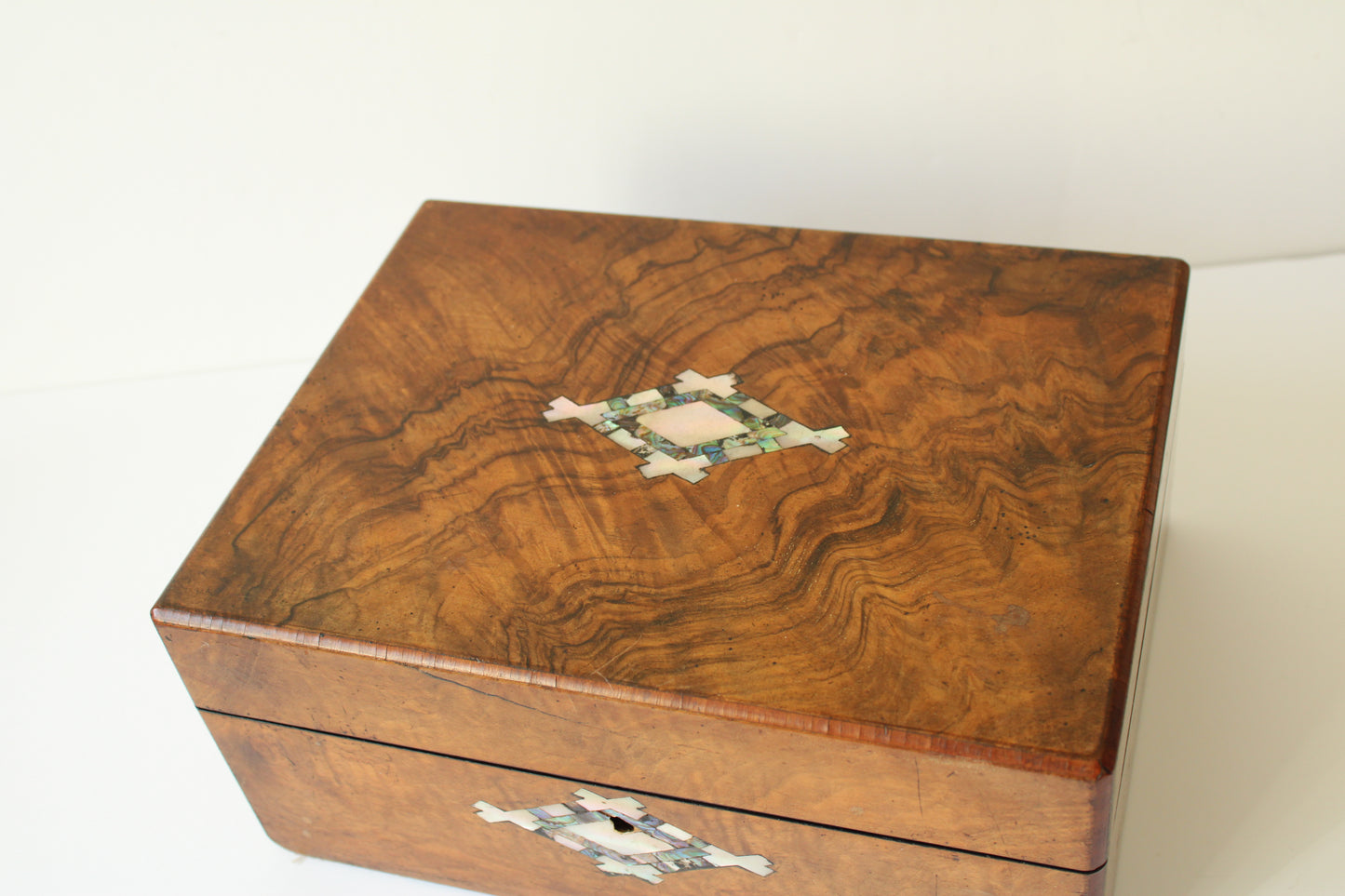 Antique Walnut Multi Ring Jewelery Box with Pearl Inlay