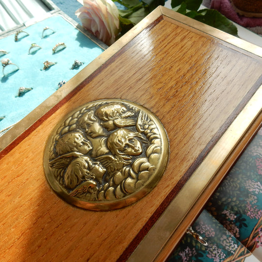 Vintage Mahogany Cherub Multi Ring Jewellery Box with Working Lock & Key