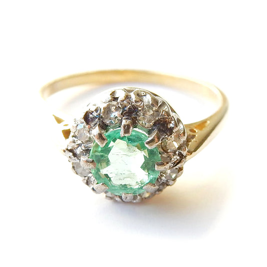 Antique 18ct Gold Emerald & Diamond Halo Ring UK Size M 1/2 US 6