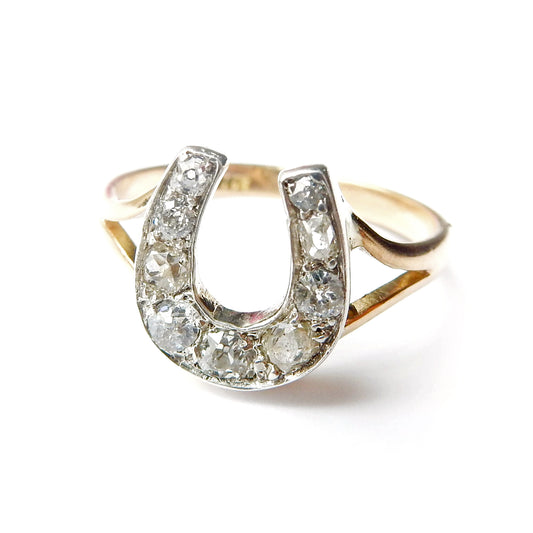 Antique 18ct Gold Old Cut Diamond Horseshoe Ring US Size 7 UK P