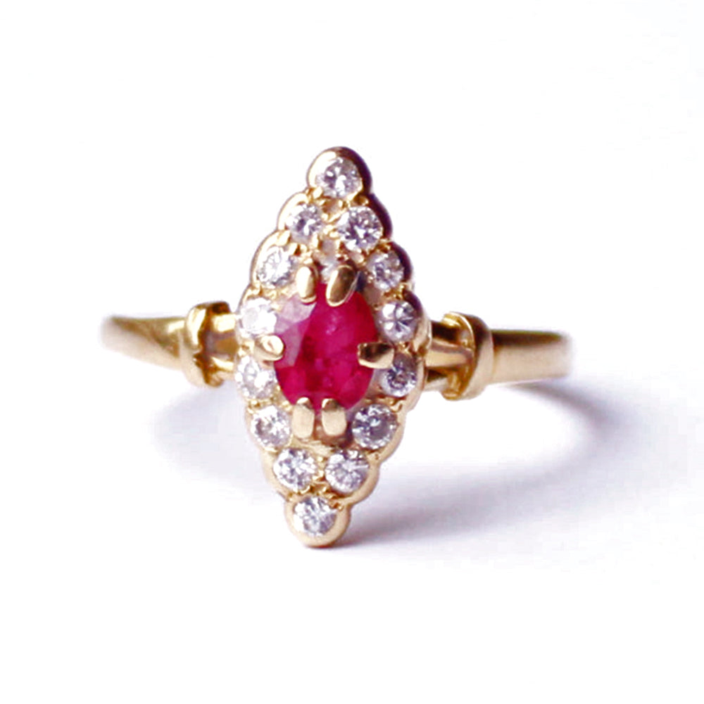 Antique 18ct Gold Ruby & Diamond Navette Ring