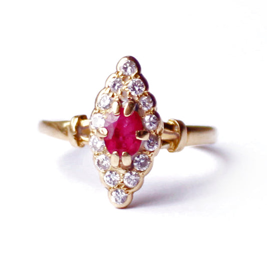 Antique 18ct Gold Ruby & Diamond Navette Ring