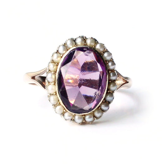 Antique 9ct Amethyst with Pearl Halo Ring