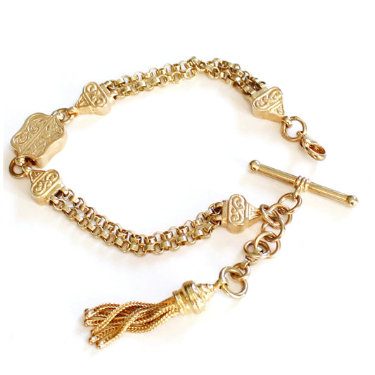 Antique 9ct Gold Chased T Bar Tassel Bracelet