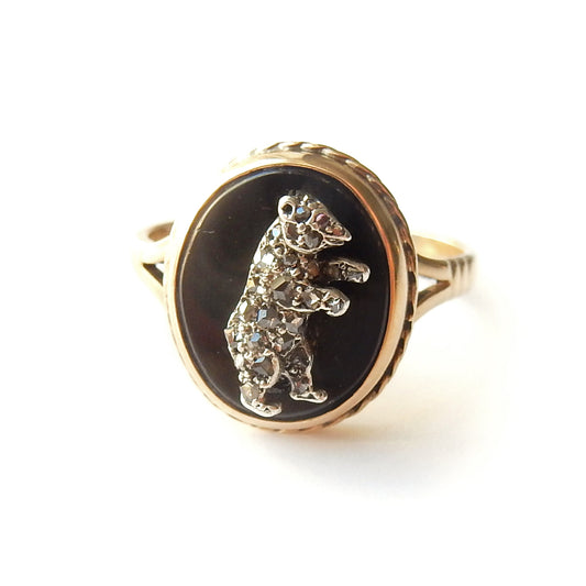 Antique 9ct Gold Old Cut Diamond Onyx Bear Ring US Size 7.5 UK Q