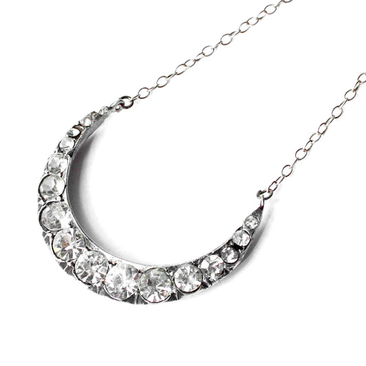 Antique Solid Silver Diamond Paste Moon Necklace