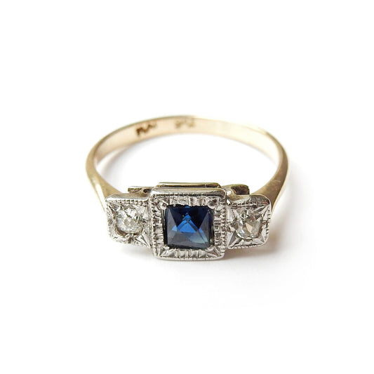 Art Deco 9ct Gold Platinum Sapphire & Diamond Ring