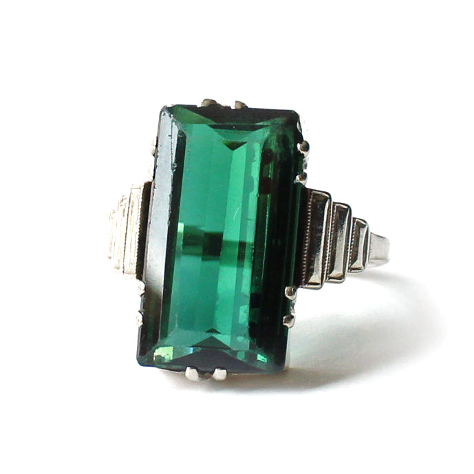 Art Deco 9ct White Gold Green Tourmaline Ring