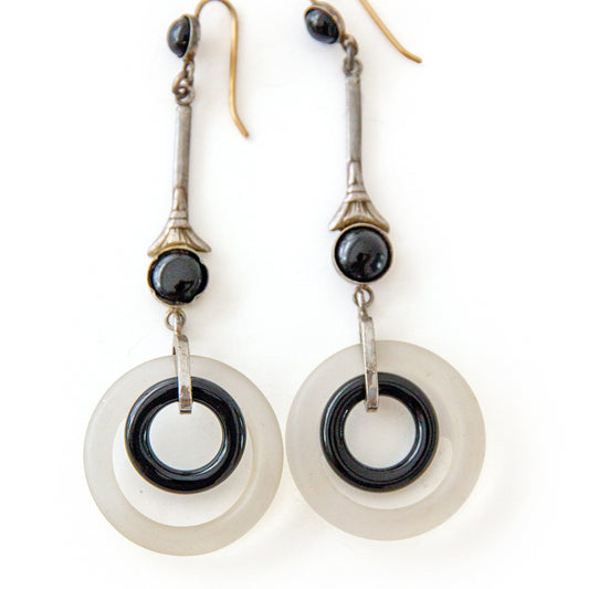 Art Deco style Onyx & Chalcedony Hoop Drop Earrings with 9ct Gold Hook