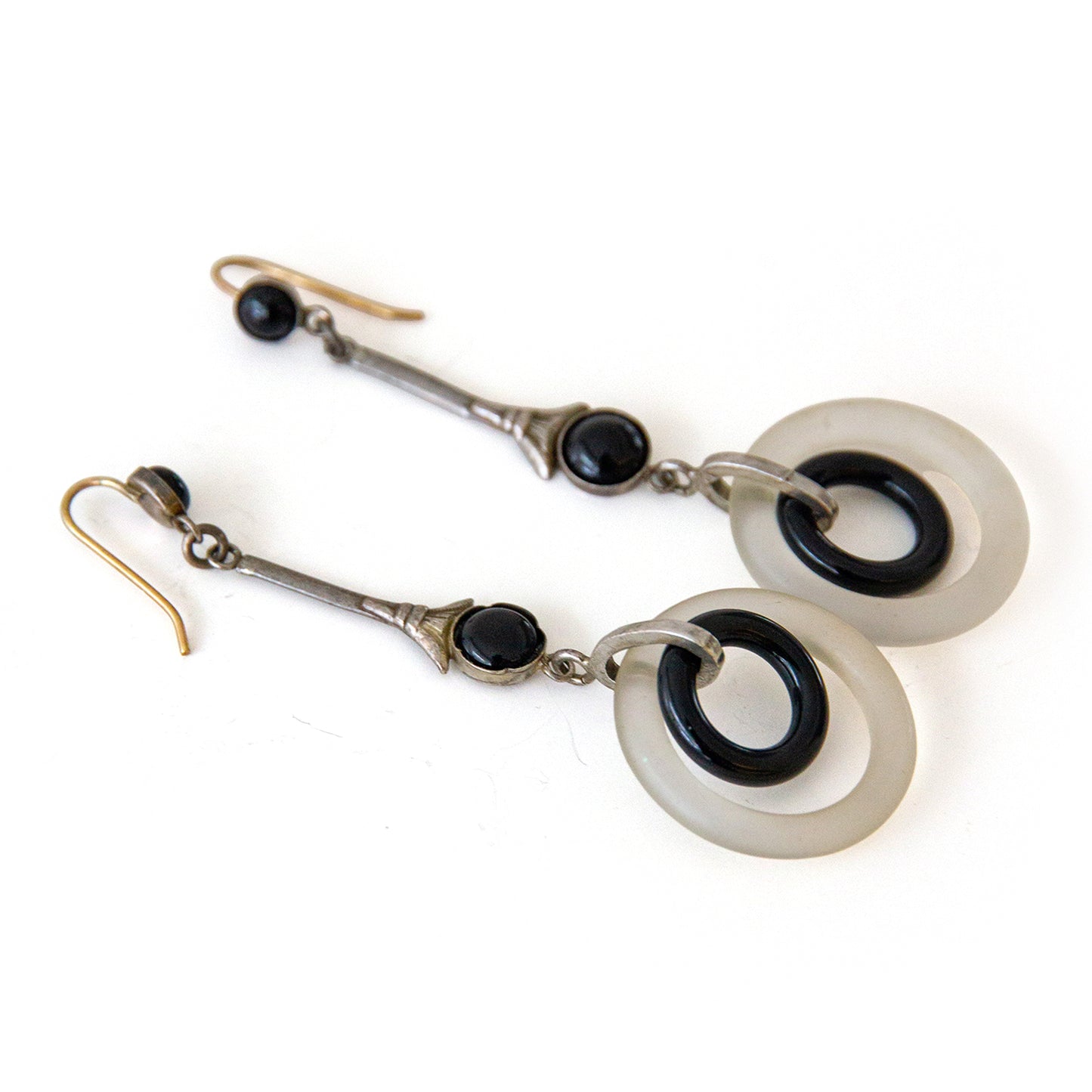 Art Deco style Onyx & Chalcedony Hoop Drop Earrings with 9ct Gold Hook