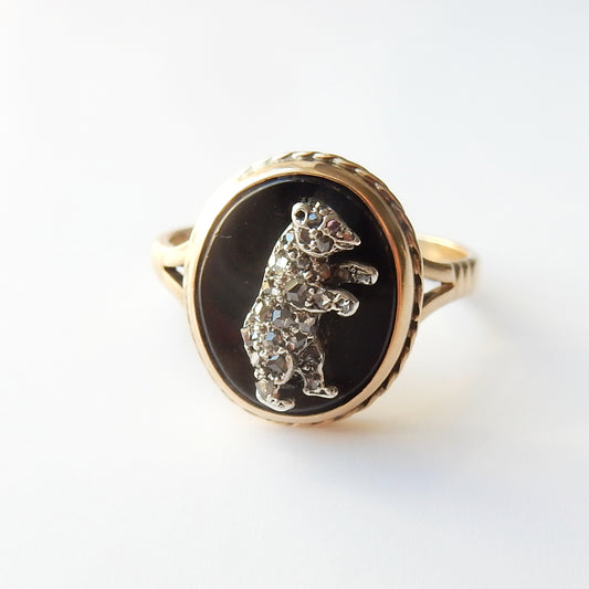 Antique 9ct Gold Old Cut Diamond Onyx Bear Ring US Size 7.5 UK Q
