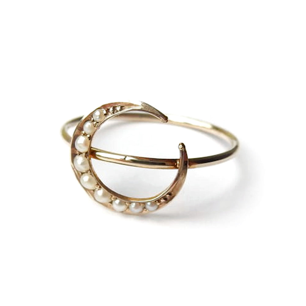 Dainty Edwardian 9ct Gold Seed Pearl Moon Ring