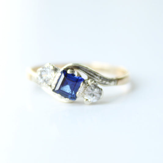 Art Deco 9ct Gold Platinum Sapphire Paste Ring US Size 6 1/4 UK N