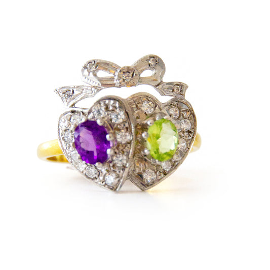 Edwardian Style Amethyst Peridot Double Heart 18ct Gold on Silver Ring