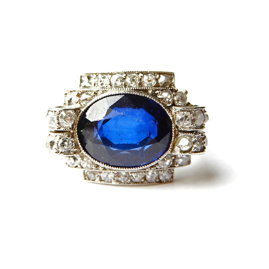 French Art Deco Sapphire & Diamond Ring