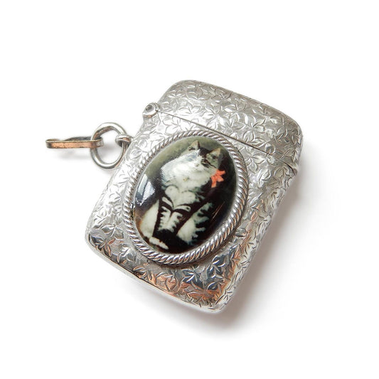 Victorian Solid Silver Enamel Tabby Cat Vesta