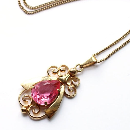 Vintage French Rolled Gold Pink Paste Necklace