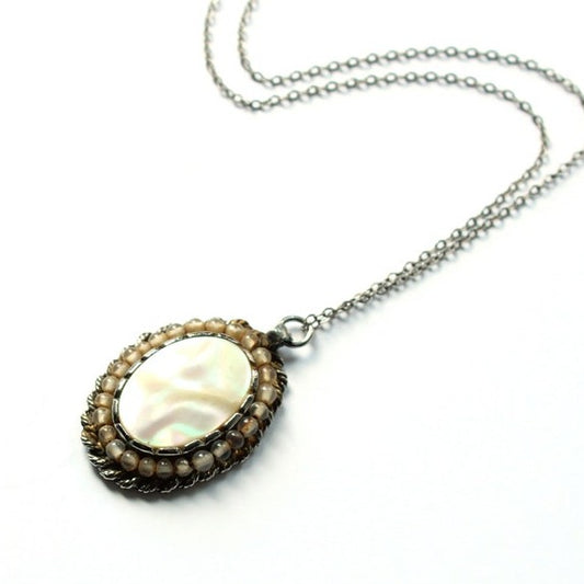 Vintage Shell Pearl Bead Necklace with Solid Silver 16" Chain