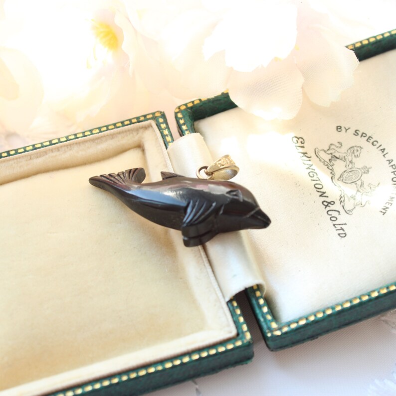 Cute Vintage Carved Onyx Dolphin Pendant