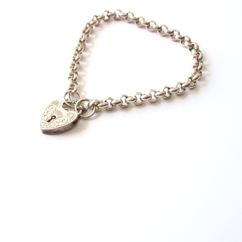 Vintage Sterling Silver Link Bracelet with Heart Padlock Catch