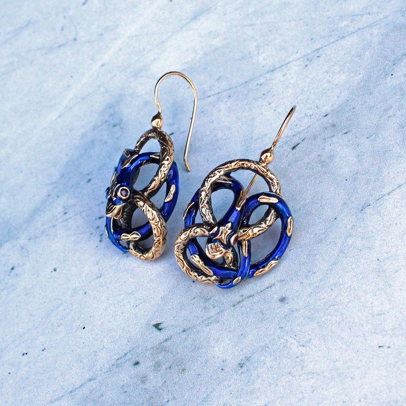 9ct Gold Blue Enamel Ruby Snake Earrings