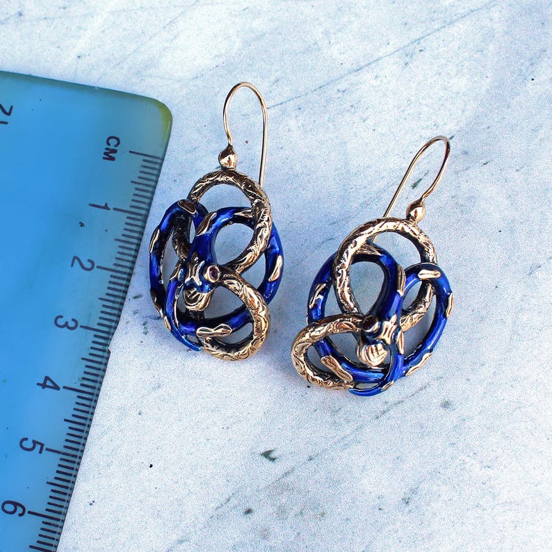 9ct Gold Blue Enamel Ruby Snake Earrings