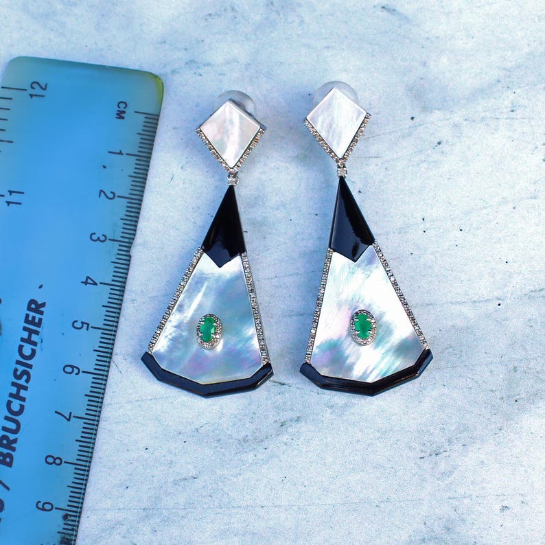 Art Deco style 14ct Gold & Silver Onyx Emerald Diamond & Pearl Earrings
