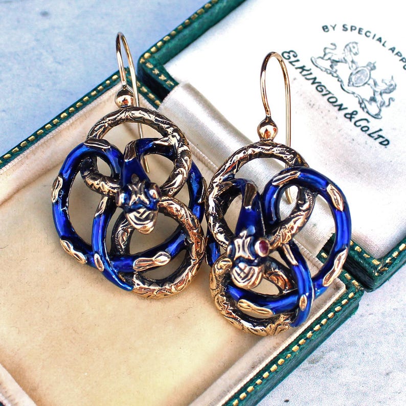 9ct Gold Blue Enamel Ruby Snake Earrings