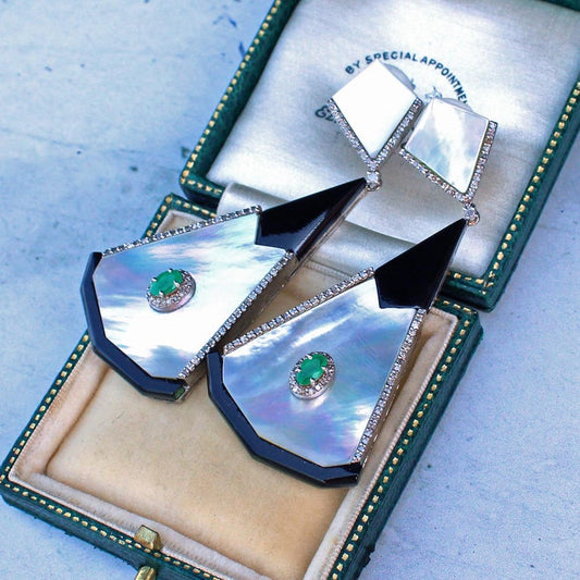Art Deco style 14ct Gold & Silver Onyx Emerald Diamond & Pearl Earrings