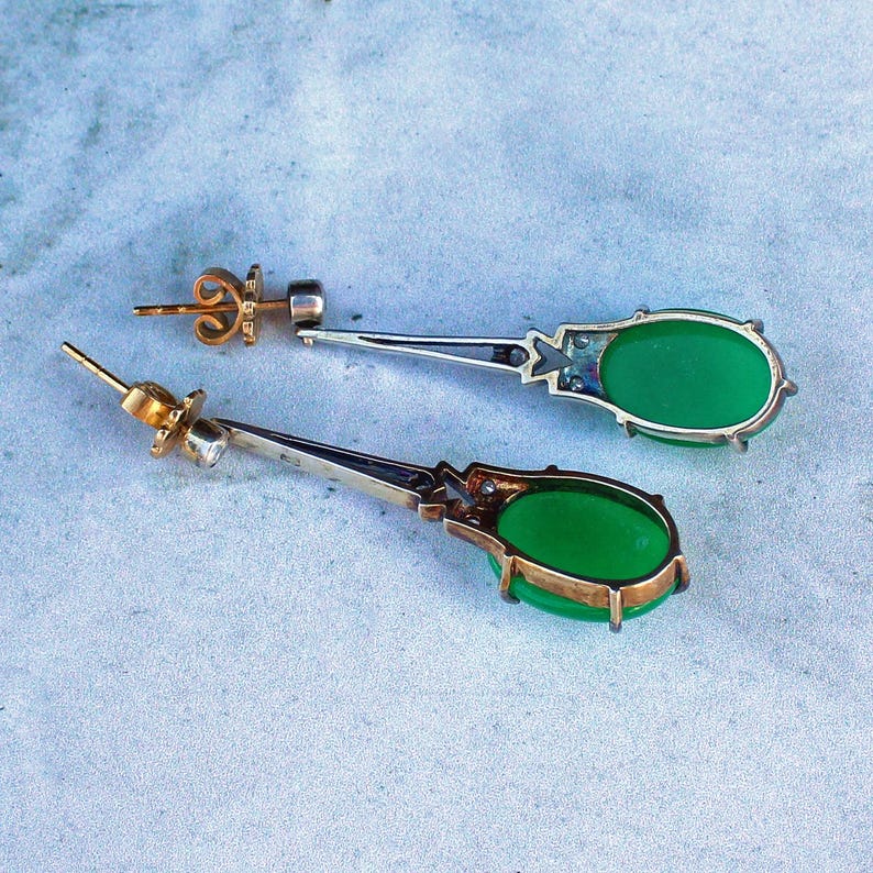 9ct Gold & Silver Jade & Diamond Long Drop Earrings