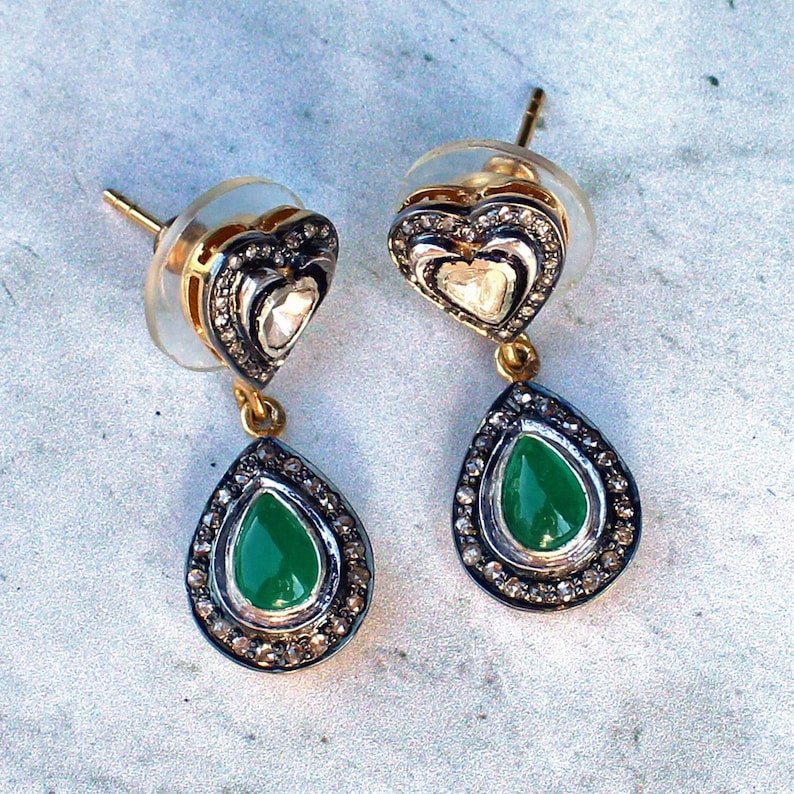 Silver 14ct Gold Emerald & Diamond Drop Earrings