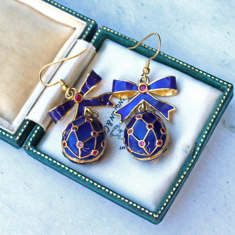 Silver Gilt Blue Enamel & Ruby Egg Earrings