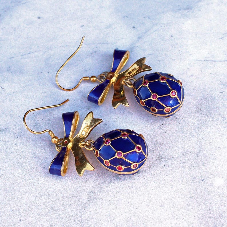Silver Gilt Blue Enamel & Ruby Egg Earrings