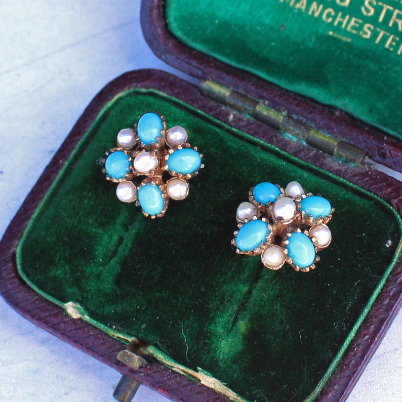 9ct Gold Turquoise & Pearl Cluster Earrings