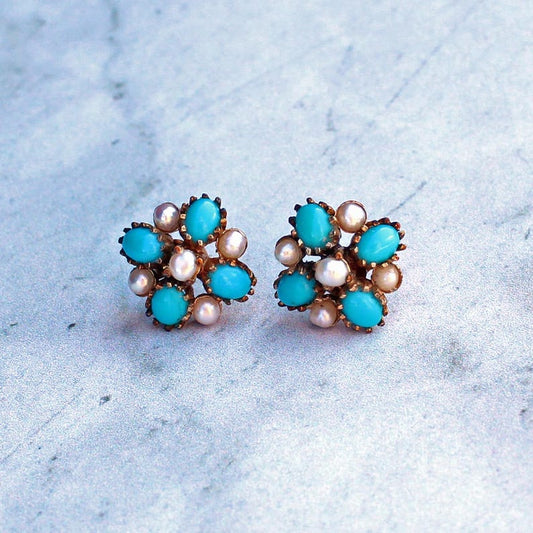 9ct Gold Turquoise & Pearl Cluster Earrings