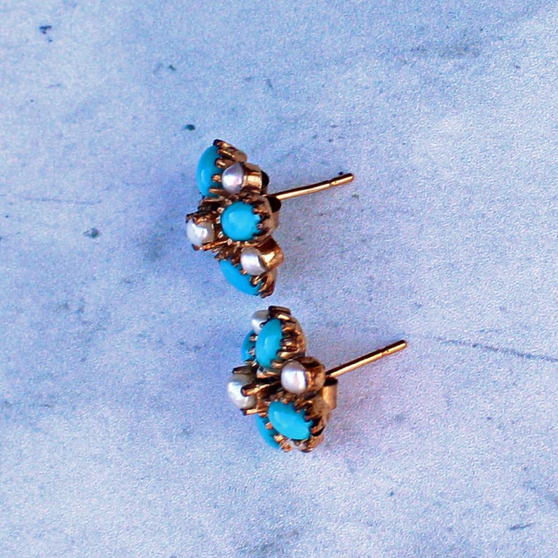 9ct Gold Turquoise & Pearl Cluster Earrings