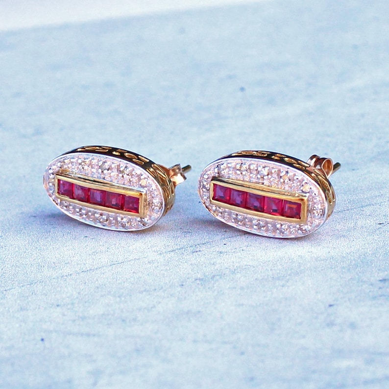 9ct Gold Art Deco style Ruby & Diamond Earrings