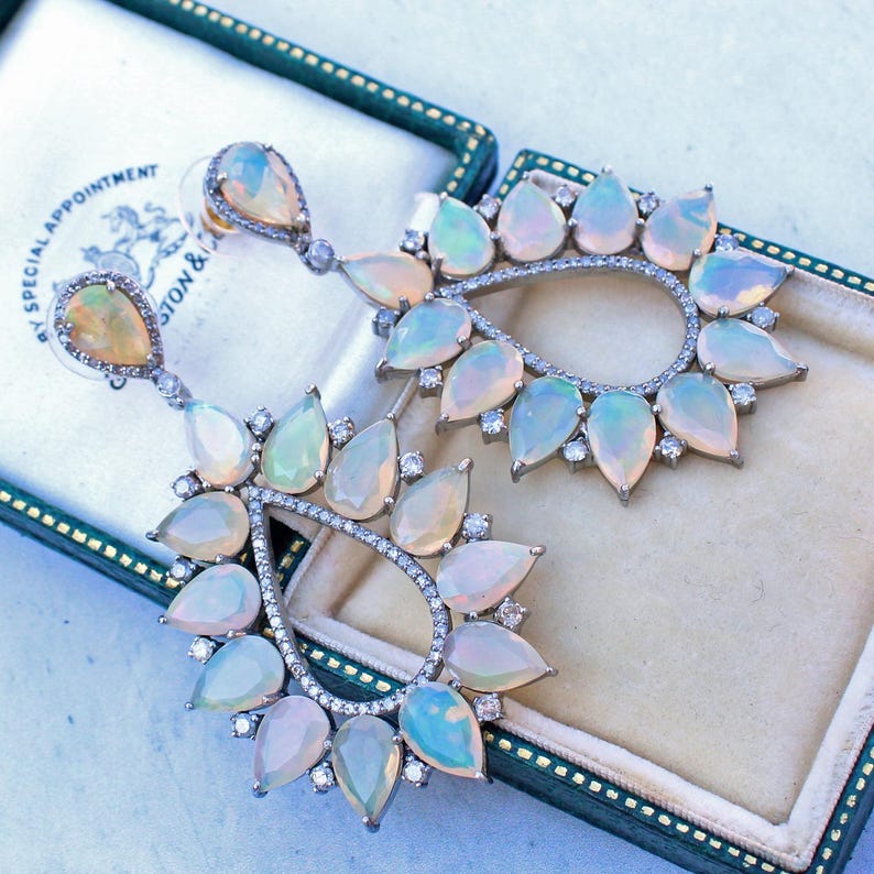14ct Gold Silver Opal & Diamond Drop Earrings