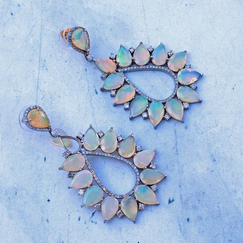 14ct Gold Silver Opal & Diamond Drop Earrings