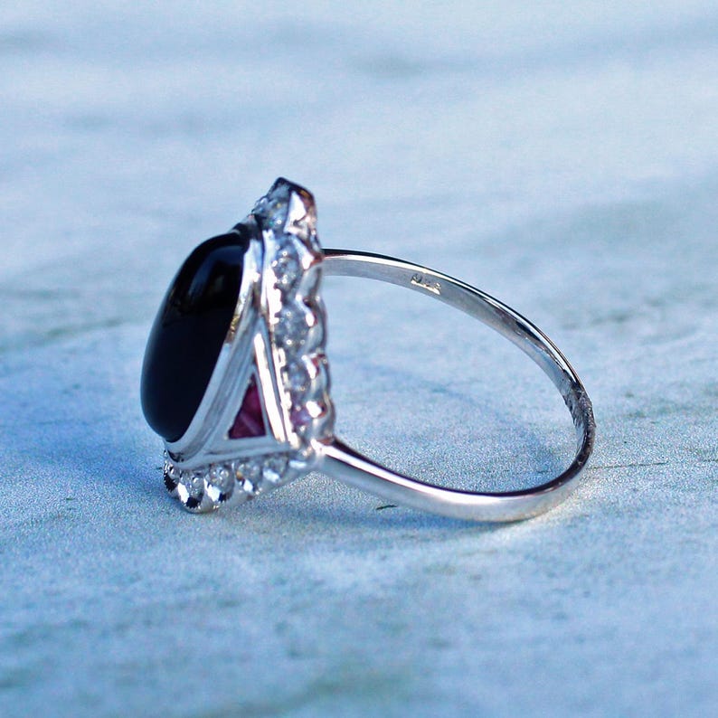 Art Deco style 9ct White Gold Onyx Ruby & Diamond Ring